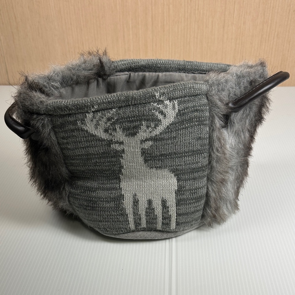 Gray Knit Basket with Deer Design